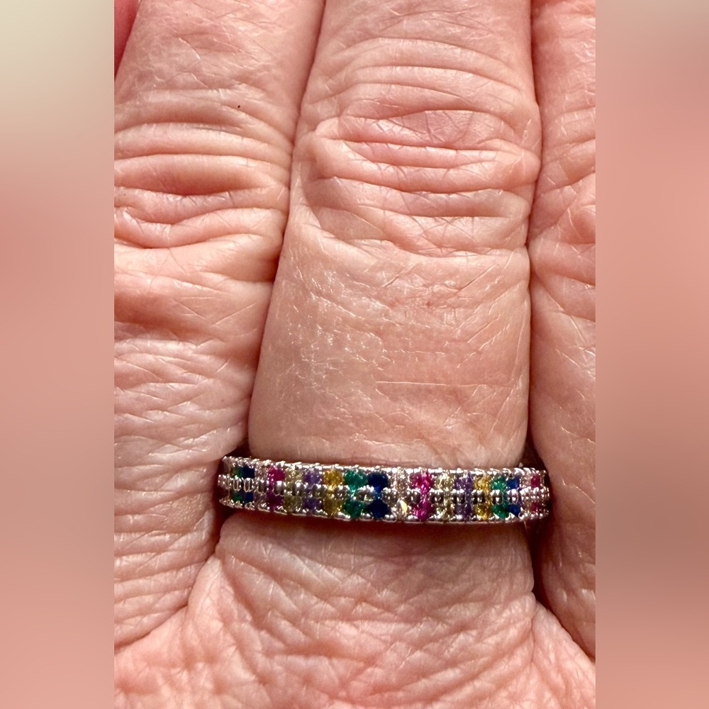 Ring - size 7.75 -New - dainty multi-color rhinestones silver tone band. - Picture 4 of 9